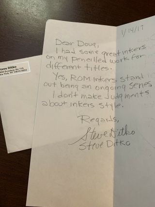 Steve Ditko Signed Letter Rom Spaceknight