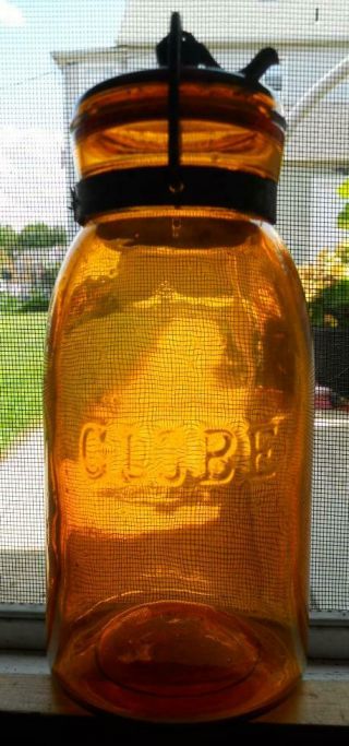 Amber Globe Quart Mason Fruit Canning Jar With Period Wire Bail