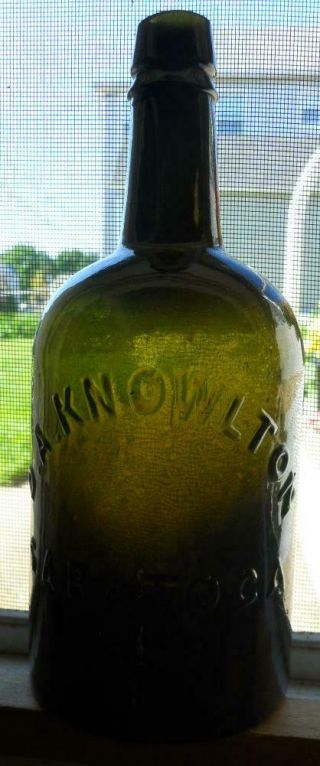 Dark Olive Green Whittled Quart Knowlton Saratoga Ny Mineral Spring Water Bottle