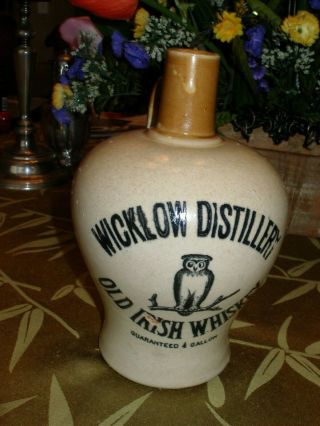 Wicklow Distillery Irish Whiskey Stoneware 1/4 Gal.  Jug,  Owl.  Glasgow Pottery