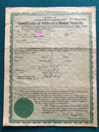 1925 Ford Model T Touring Certificate Of Title North Carolina Reg Historic Only