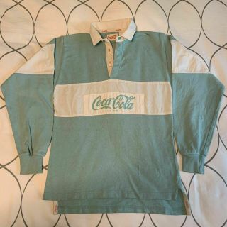 Vintage 1980s Coca - Cola Long Sleeve Rugby Shirt Teal Light Blue Youth Large/xl