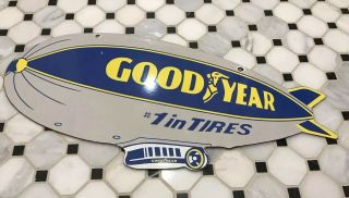 Vintage Goodyear Tires Porcelain Double Sided Blimp Sign Gas Oil Pump Plate