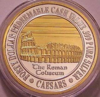 Caesars Tahoe $40 Pure Silver & 24k Gold Roman Coliseum 1.  54 Oz.  1994 Release