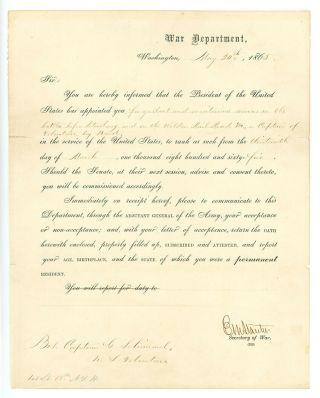 Edwin Stanton Signed 1865 Military Appointment Civil War Secretary Of War