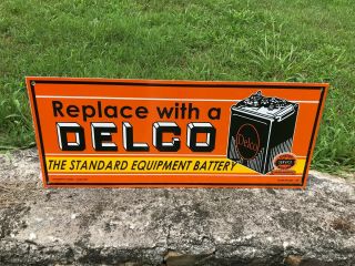 " Delco Battery " Double Sided Porcelain Dealer Sign,  (dated 1949),  Near Mint/nice