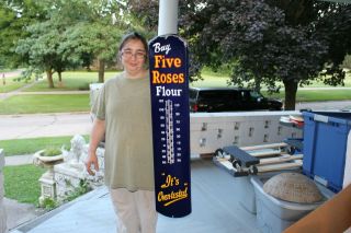 Large Five Roses Flour Gas Oil 39 " Porcelain Metal Thermometer Sign