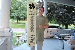 Large Quaker State Motor Oil Gas Station 39 " Porcelain Metal Thermometer Sign