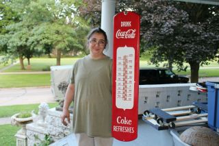 Large Coca Cola Soda Pop Gas Station 39 " Porcelain Metal Thermometer Sign