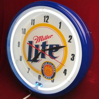 1999 Miller Lite Beer Electric Neon Clock Cobalt Blue Frame Glass Face 19.  5”