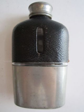 Vintage Flask With Leather - 3 0z - Made In England - 4 1/4 " X 2 1/2 " X 1 1/4 "