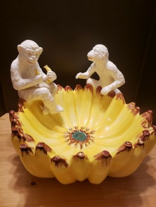 Italian Hand Painted Ceramic Banana Fruit Bowl With Two Monkeys On The Edge.