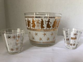 Vintage Aldon Greek Inspired Glass Ice Bucket And 2 Glasses