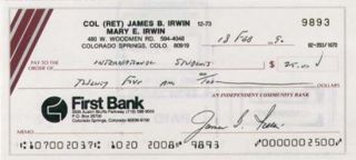 James B.  Irwin - Astronaut Signed Check