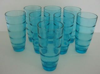 Vintage Blue Drinking Glasses Laser Ice Aqua Azure Ribbed Tumblers Set Of 8