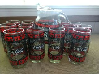 Vintage Coca Cola Pitcher And 12 Matching Glasses Tiffany Style