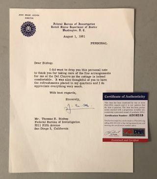 J.  Edgar Hoover Hand Signed 1961 Letter On Fbi Letterhead Psa Jsa Certified