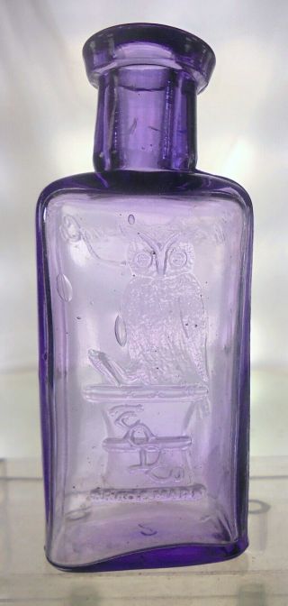 The Owl Drug Co.  Antique Prescription Bottle.  4 ".  Scarce.  One Wing Owl.