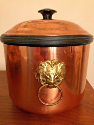 Vintage Coppercraft Guild Copper Ice Bucket With Brass Lion Handles & Ice Tongs