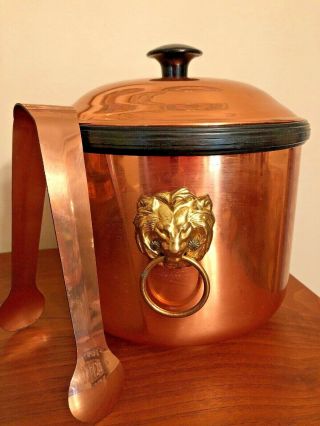 Vintage Coppercraft Guild Copper Ice Bucket With Brass Lion Handles & Ice Tongs 2
