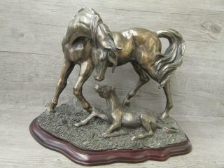 Heavy Solid Bronze Statue Horse And Foal Wood Base Marked 