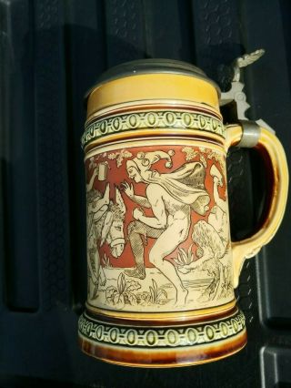 Mettlach Lidded Beer Stein Mug Bacchus Allegorical Centaur No 2035 C1890 1/2 L