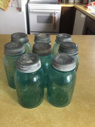 8 Ball Perfect Mason Half Gallon Blue Green Canning Jars W/zinc Lids