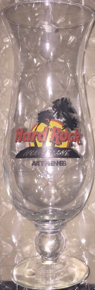 Hard Rock Cafe Athens Hurricane Glass W/red Circle Hrc Logo Palm Trees 9 3/8 "