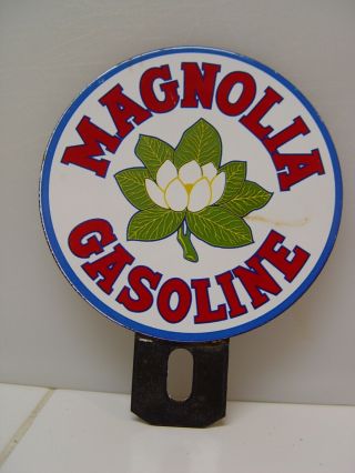 Magnolia Gasoline Gas Oil 2 - Piece Porcelain Advertising License Plate Topper