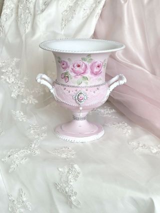 Vintage Pink Ice Bucket Shabby Chic Hand Painted Mauve Hp Roses W Lace & Jewels