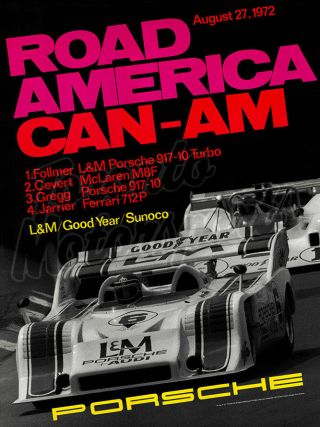 1972 Porsche Showroom - Road America Can - Am Event Poster - Perfect Cond.