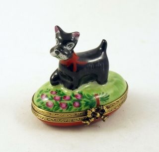 French Limoges Box Scottish Terrier Dog Scottie Puppy On Floral Box
