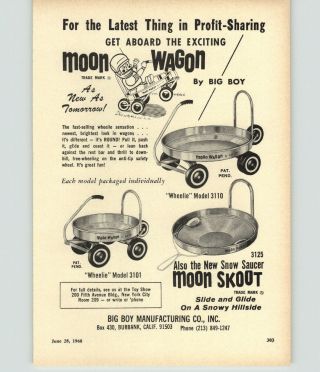 1968 Paper Ad Toy Moon Wagon Wheelie Snow Saucer Big Boy Manufacturing Skoot