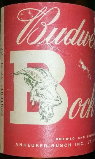 Budweiser Bock Beer Bottle Anheuser - Busch Inc.  St.  Louis MO.  Very scarce bottle 6