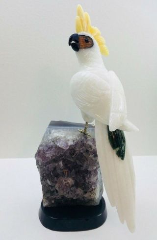 Exquisite Hand Carved Gemstone Cockatoo Parrot Bird Perched On Amethyst Base