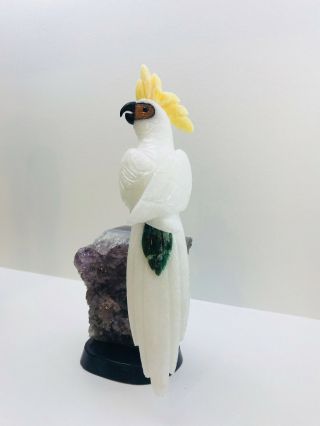 Exquisite hand carved gemstone cockatoo parrot bird perched on amethyst base 2