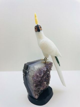 Exquisite hand carved gemstone cockatoo parrot bird perched on amethyst base 4