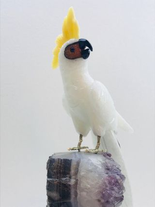 Exquisite hand carved gemstone cockatoo parrot bird perched on amethyst base 5