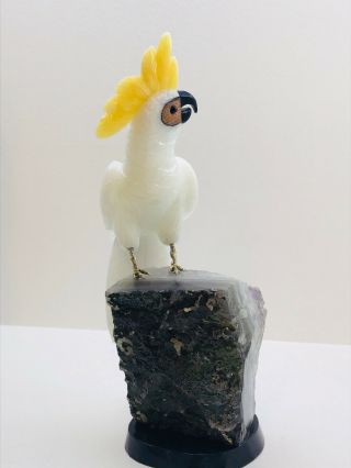 Exquisite hand carved gemstone cockatoo parrot bird perched on amethyst base 6