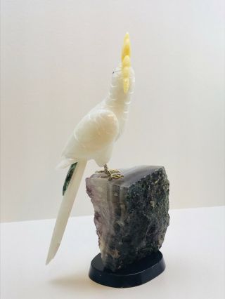 Exquisite hand carved gemstone cockatoo parrot bird perched on amethyst base 7