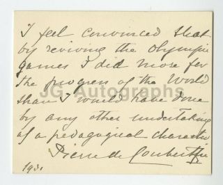 Pierre De Coubertin - International Olympic Committee - Autographed Note