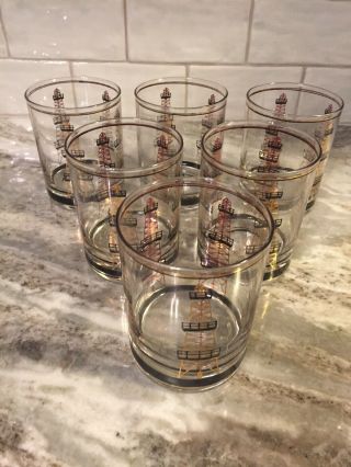 Set Of 6 Culver Mcm Gold & Black Oil Derrick Rig Field Rocks Glasses Barware 4”