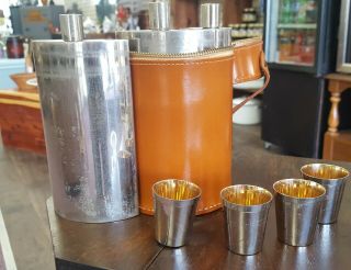 Vintage Dunhill Cocktail Travel Flask Set,  Germany,  3 Flasks,  4 Cups,  German