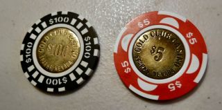2 Casino Chips Gold Club Casino (1) $100,  And (1) $5.  Sparks,  Nevada
