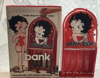 Betty Boop Winking Bank Vintage Coin Sorting Red W/ Hearts 1986 Plastic W Box