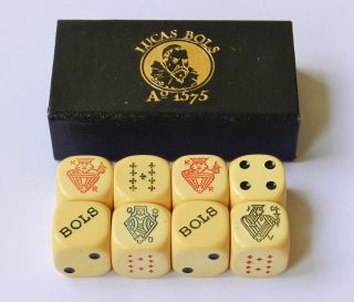 Vintage 8 Whiskey Advertising Bakelite Poker Dice - Lucas Bols w/ Orig Box 4