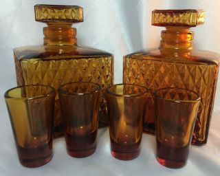 Amber Diamond Cut Glass Decanters - W/stoppers & Shot Glasses,  Retro Look Vintage