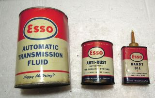 3 Different Vintage Esso Oil Company Cans A/t Fluid,  Anti - Rust Handy Oil