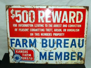 Vintage Solid Metal Farm Bureau Member Reward Sign Kansas Vivid Colors 12 X 16