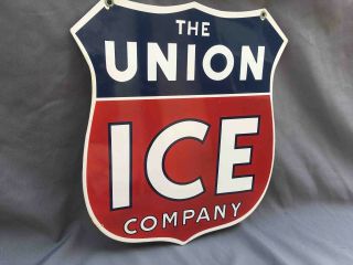 Vintage The Union Ice Company 2 Double Sided Hanging Style Porcelain Ad Sign